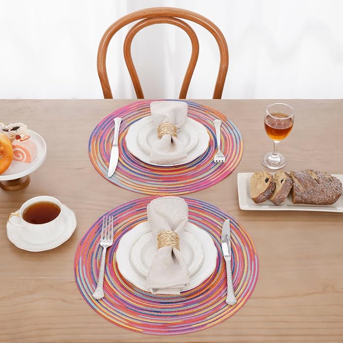 SHACOS 15 inch Round Placemats Set of 6 Variegated Multicolor Place Mats Cotton - Image 3