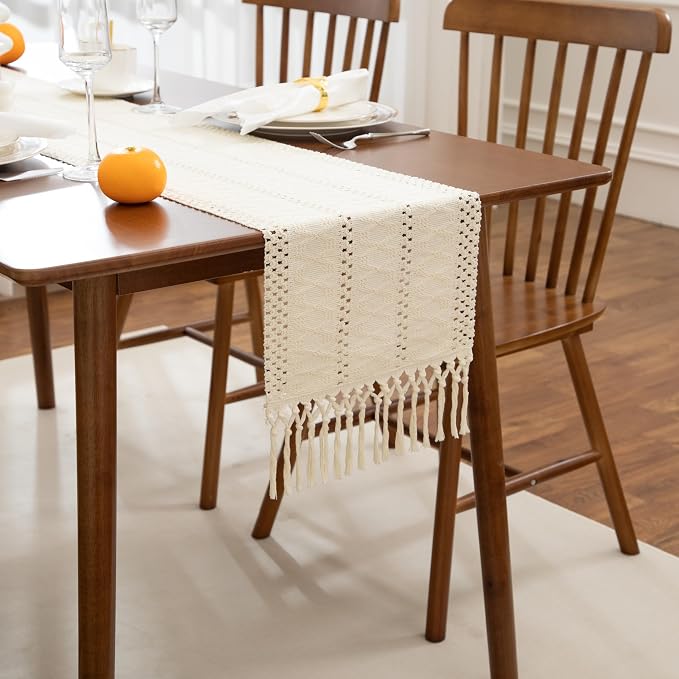 Boho Cream Table Runner, 12x36 Inches | Tassels, Summer Farmhouse, Woven Cotton - Image 5