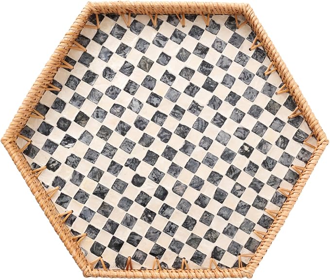 Hexagon Rattan Tray with Mother of Pearl Inlay, Rattan Serving Tray by Tynulox
