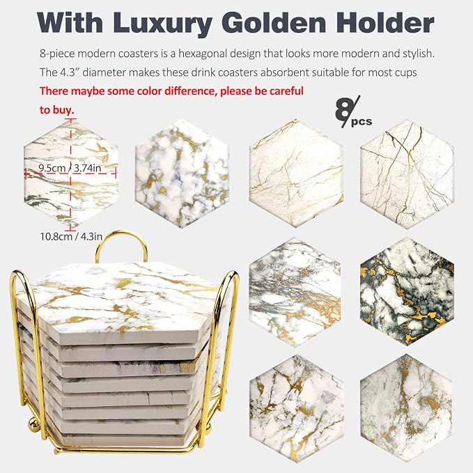 Coasters Set of 8 with Metal Holder Stand, Marble Design Ceramic Coaster Set - Image 2