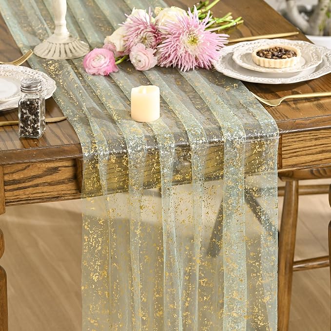 Artoid Mode Sage Green Gold Gauze Table Runner 120 Inch 10FT, Glitter Metallic by ArtoidMode