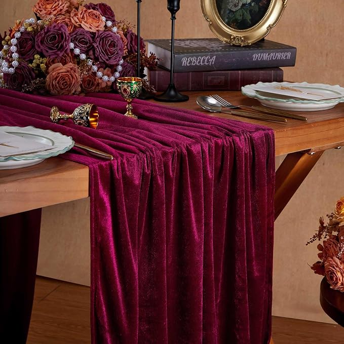 Burgundy Velvet Table Runner 29x120 Inch Luxury Retro Christmas Runners | 10ft - Image 2