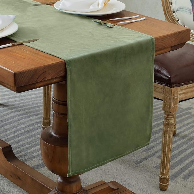 BALCONY & FALCON Table Runner Velvet Olive 14"x118" | Elegant, Fall Decor by BALCONYFALCON