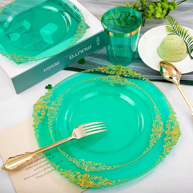 350 Pcs Green Gold Plates for St. Patrick's Day | Green Party Plates Set for 50 - Image 6