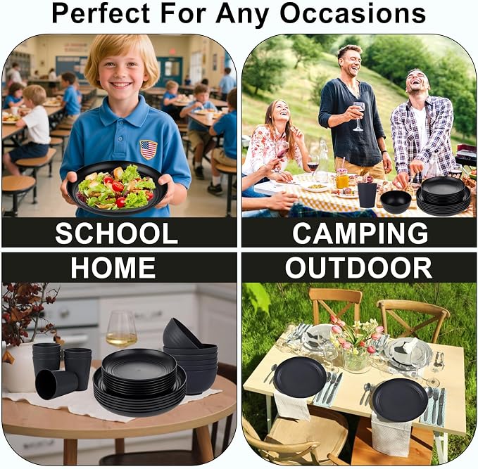 24pc Black Wheat Straw Dinnerware Set, Unbreakable Dish Set - Image 5