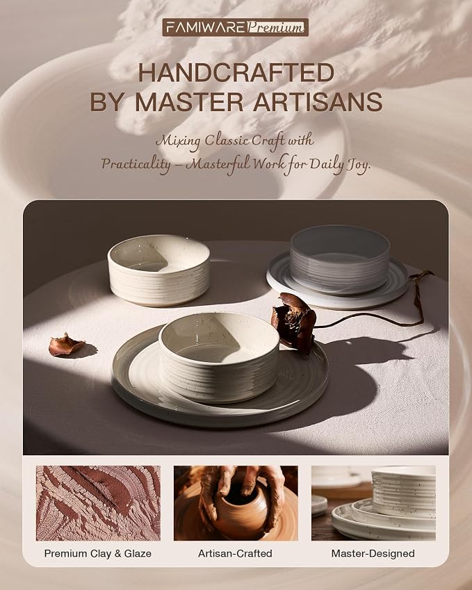 Stoneware Dinnerware Sets for 4, Reactive Glaze Plates & Bowls, Shell Beige | - Image 7