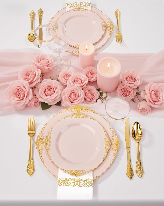 Nervure 350Pcs Pink Plastic Plates, Plastic Dinnerware Set - Image 5