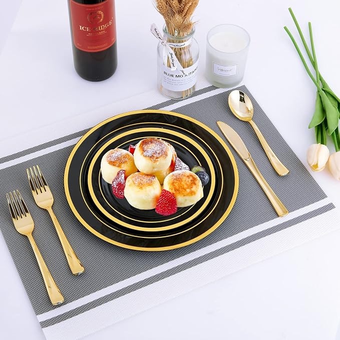 25 Guests Plastic Plates Set Gold Disposable Dinnerware Set | Include 25 Pc 10" - Image 7