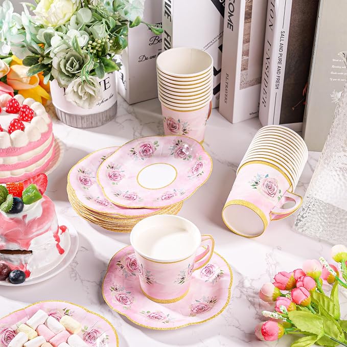100 Pcs Paper Tea Cups and Plates Pink Floral Disposable Paper Teacups and - Image 6