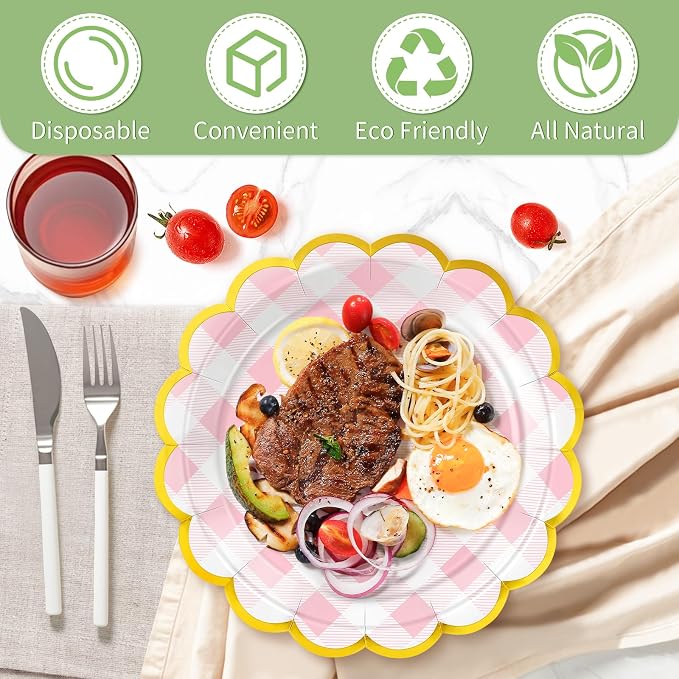 50 Pcs Pink Gingham Paper Plates Disposable, Dessert Cake Plates, - Image 4