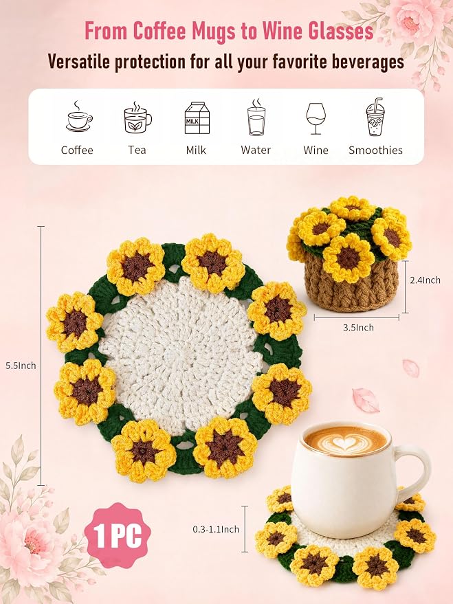 Crochet Flower Bouquet Coasters, Cotton Sunflower Gifts - Image 2