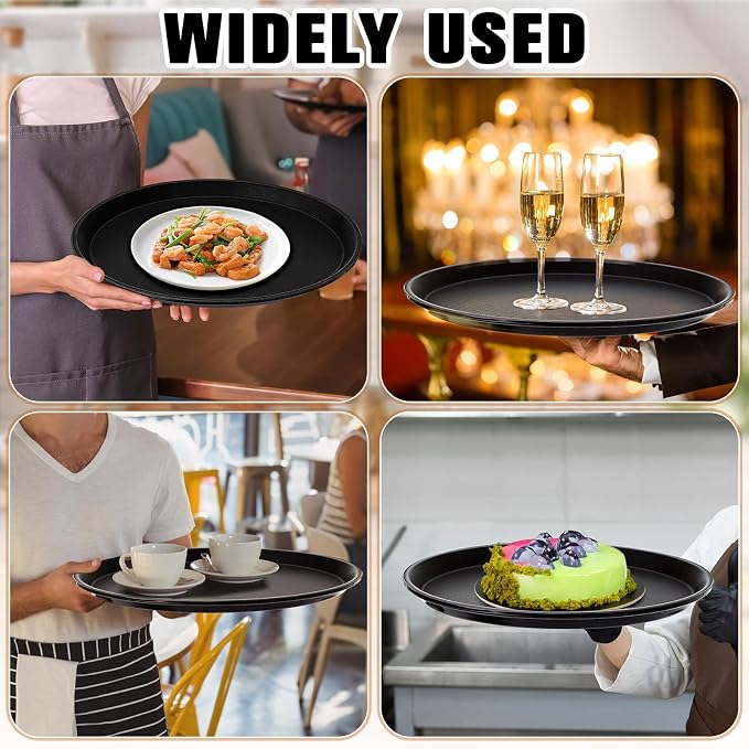 Zopeal 4 Pieces 16" Black Round Restaurant Serving Tray, Plastic Non Slip - Image 5