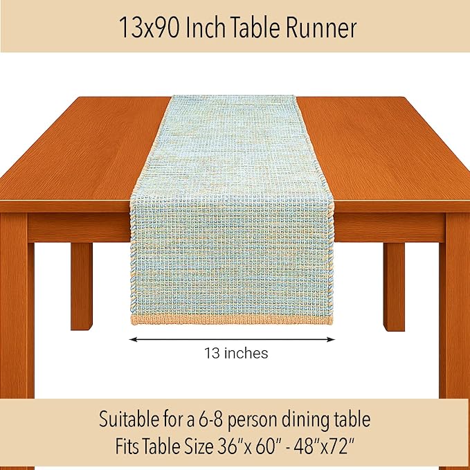 Natural Jute Table Runner, 13x90 Inch, Sky Blue-White | Vintage Boho Rustic - Image 4