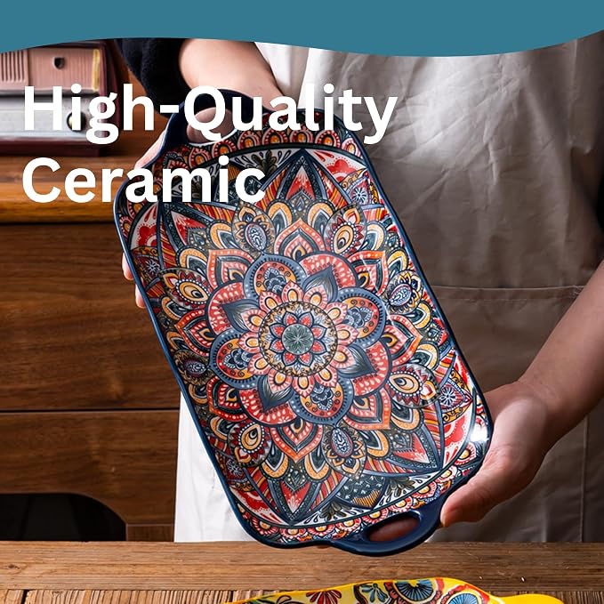 Serving Tray with Handles Rectangular Serving Platter Ceramic Extra Large - Image 2