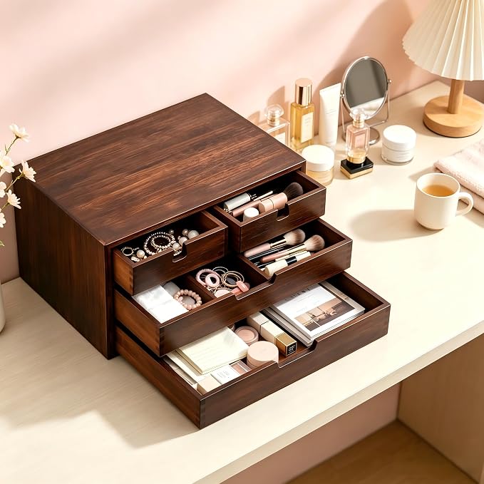 Bamboo Desk Organizer, 100% Natural Bamboo Desktop Drawer Organizer, Dark Brown - Image 8