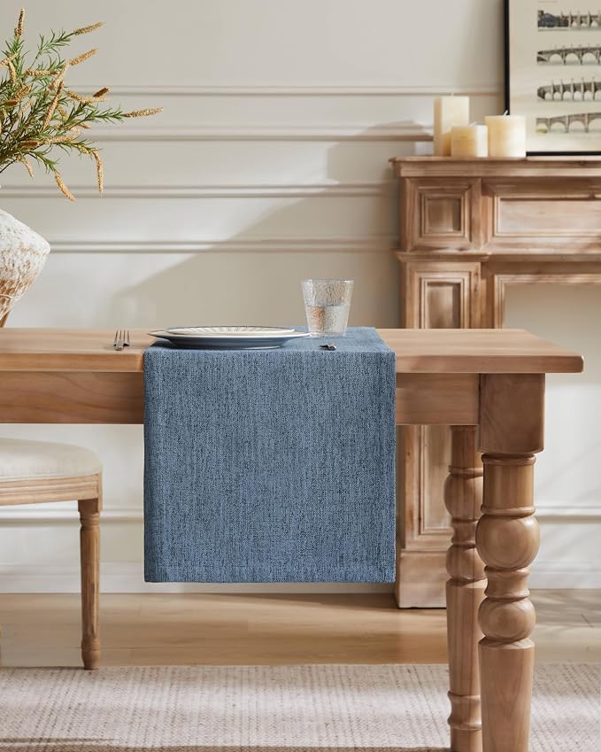 Burlap Style Farmhouse Table Runner, 14x48 Inches Blue | Thick Durable Fabric - Image 2