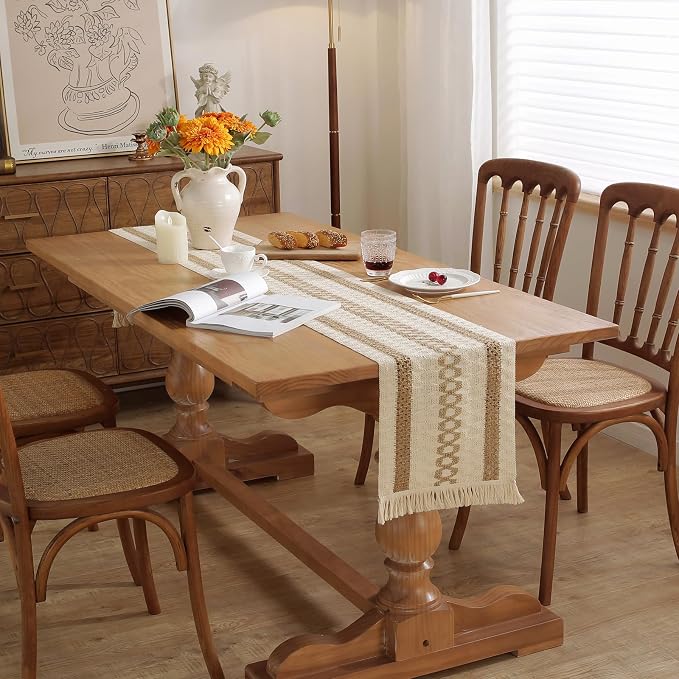 Boho Table Runner with Tassels 12 x 120 Inches Long, Cream & Brown Rustic - Image 2