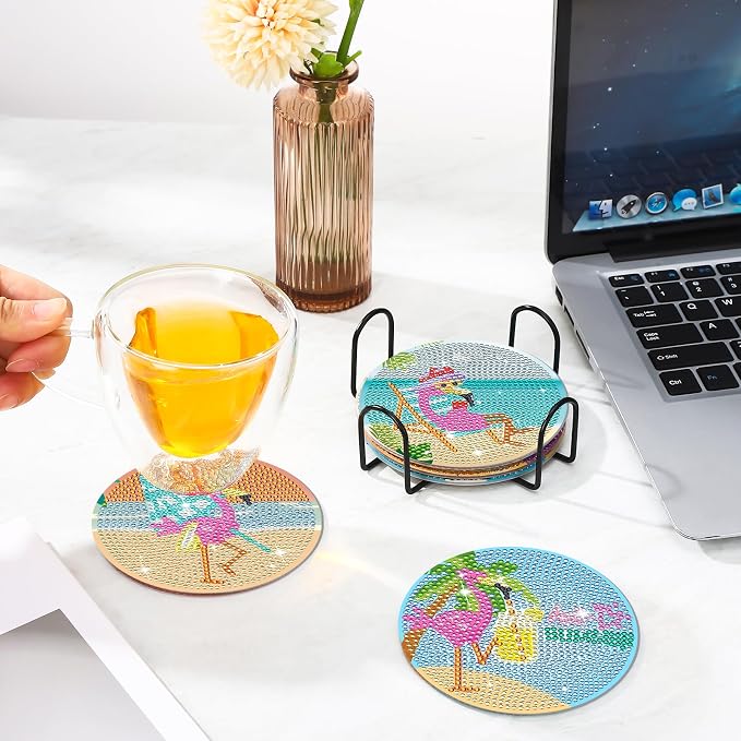 8 Pcs Boho Diamond Art Painting Coasters Holder Sands Flamingos | Abstract - Image 7