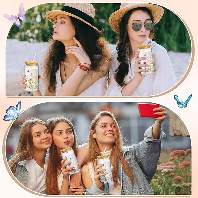 Mumufy 8 Pack Wildflower Glass Cups Gift Aesthetic Cute Glass Cup Tumbler - Image 7
