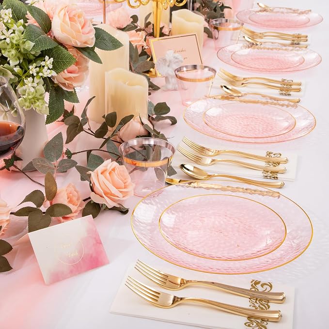 Rubtlamp 175 Pcs Pink Plastic Plates Dinnerware Set, Hammered Party Platos Set - Image 8