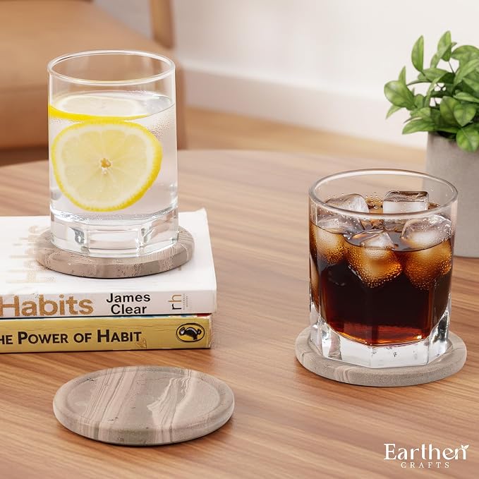 Marble Coasters Set of 6 with Holder 3.5" Inches Natural Brown Stone Round - Image 5