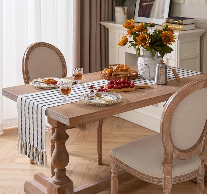 Caflife Boho Table Runner 72 Inchs Long Black and Beige, Cotton and Linen Woven - Image 7