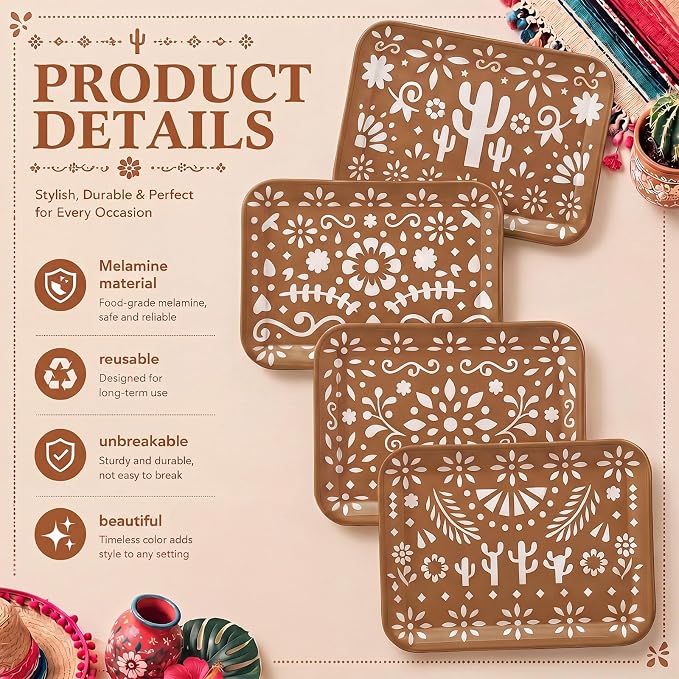 4 Pieces Mexican Serving Trays Brown Fiesta Melamine Platters Reusable - Image 3
