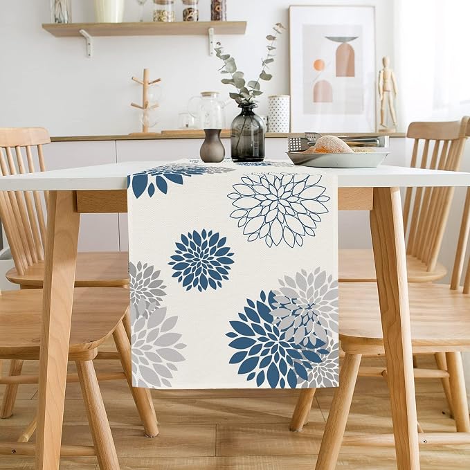 Blue Gray Table Runner Dahlia Pinnata Flower Beige Table Runners Modern Elegant - Image 2