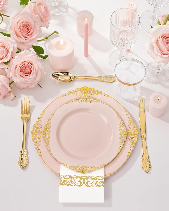 Nervure 350Pcs Pink Plastic Plates, Plastic Dinnerware Set - Image 4
