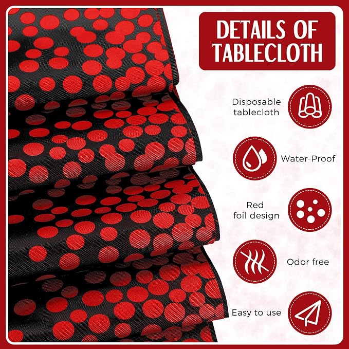 8 Pack Black and Red Disposable Plastic Tablecloths and Satin Table Runner Set - Image 3
