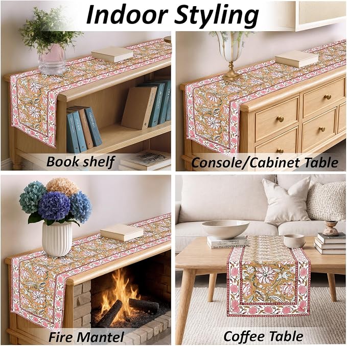 Biscotti Yellow Fabric Hand Block Print 100% Cotton Reusable Table Runner 16" X - Image 7