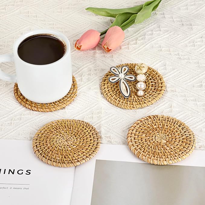 Drink Coasters Set of 6, Handwoven Rattan Coasters - Image 8