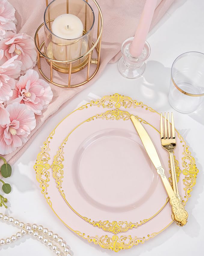 Nervure 100Pcs 10.25'' Pink Plastic Plates, Heavy Duty Disposable Plates - Image 5