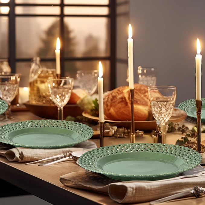 Graceful Basketweave Wide Rim 12 inch Dinner Plates, Extra Large Round Platter - Image 5