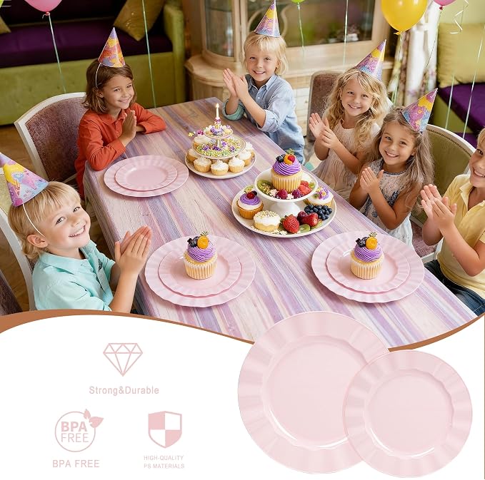 60 Pcs Pink Plates, Wave Edge Design Disposable Plastic Plates | Disposable - Image 3