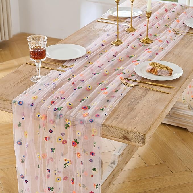 BINBE 1pcs Pink Daisy Spring Table Runner Embroidery Gauze 10FT Florals - Image 2