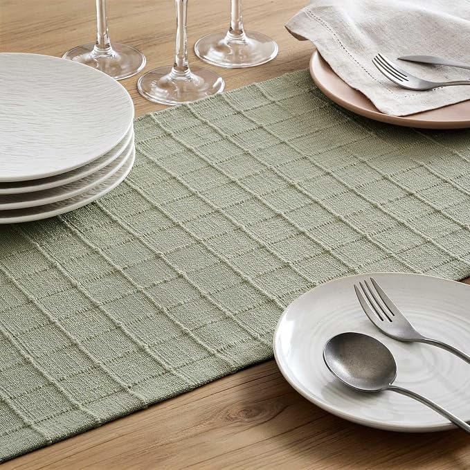Artisanal Grid Linen Table Runner, 13x108 Inches Seeding Green | Heavy Textured - Image 6