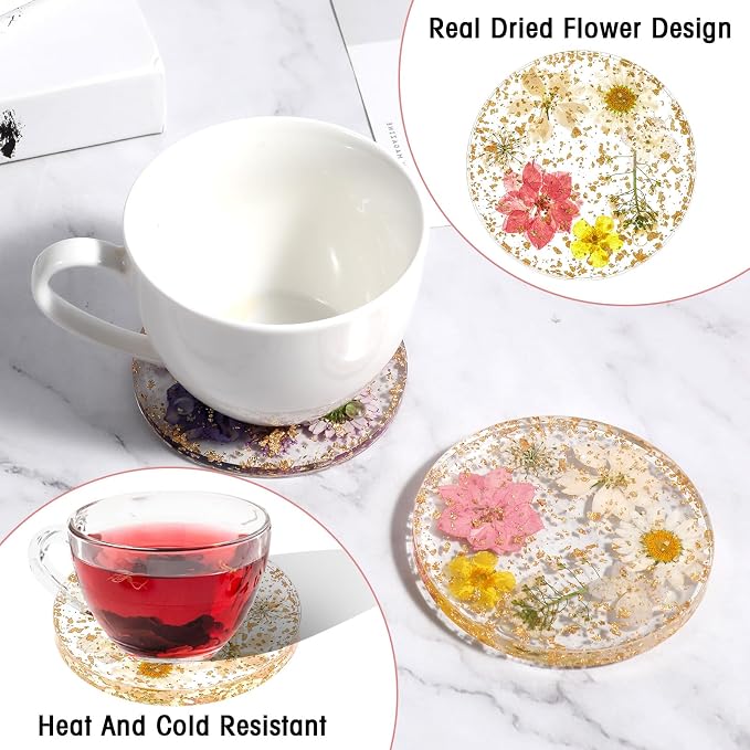 2pcs Dried Flower Drink Coasters, Flower Resin Drink Cup Mat Reusable Floral - Image 4