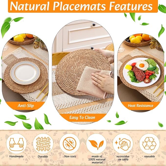 4 Sets Boho Decoration Placemats Round Woven Placemats, Cloth Napkins, Wood - Image 6