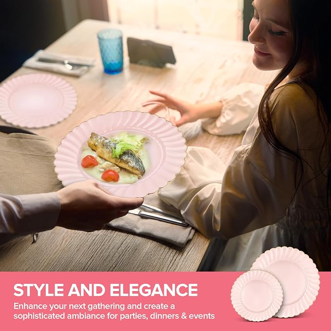 Stock Your Home 100 Pack Pink & Gold Scalloped Plastic Plates, Disposable Heavy - Image 7