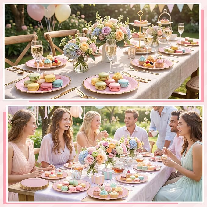 NatNarr 30 Pk Pink Gold Plates 9" Disposable Scalloped Pink Paper Plates | Cute - Image 7