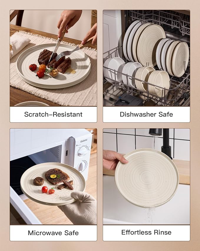 Stoneware Dinnerware Sets for 8, Reactive Glaze Plates & Bowls, Shell Beige | - Image 5
