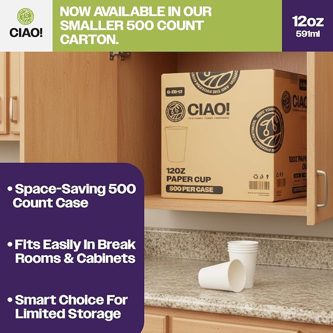 CIAO! 12oz White Paper Hot Cup, Disposable, 90mm Diameter 500 Count - Image 7