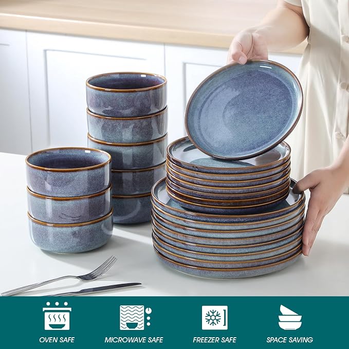vancasso PLAYA Plates and Bowls Sets, 24 Pieces Grey-Blue Dinnerware Sets - Image 4