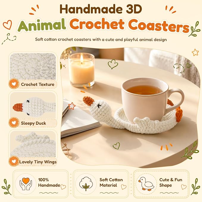 Handmade Crochet Coasters, Fun 3D Animal Flippable Drink Coasters Cute Soft Cup - Image 4
