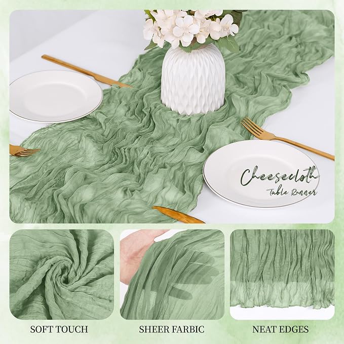 6 Pack Sage Green Cheesecloth Table Runner 17x108 Inch Semi Sheer Boho Gauze - Image 3