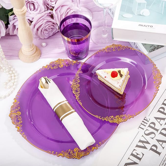 210 Pcs Purple Gold Plates for Party | Purple Party Plates Set for 30 Guests - Image 8