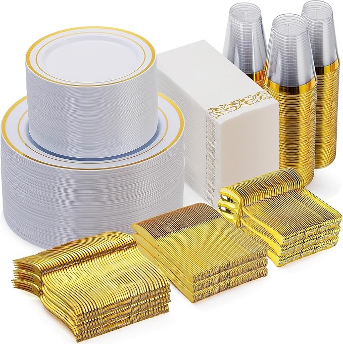 700 Piece Gold Dinnerware Set for 100 Guests, Disposable Plate Set | Include: by GoodLuck