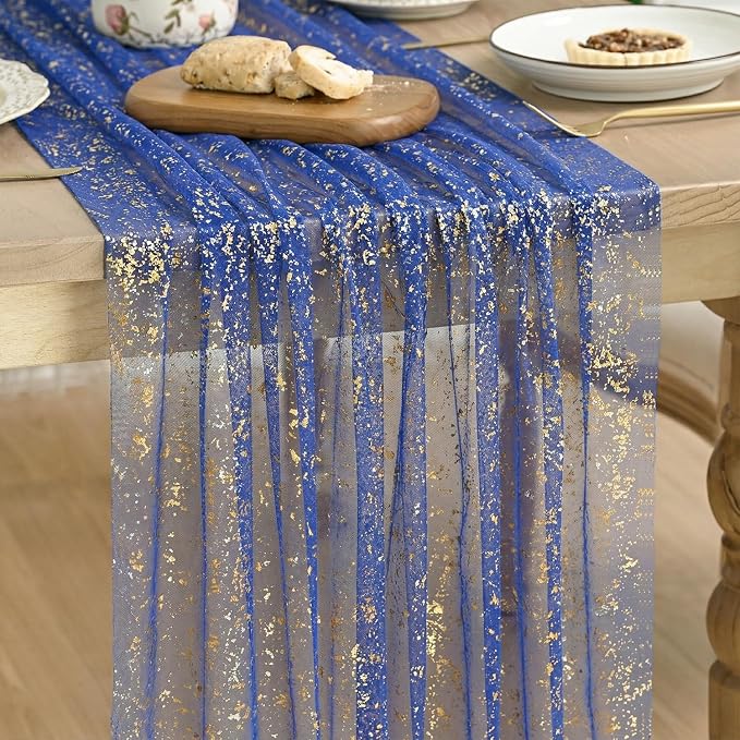 Artoid Mode Blue Gold Gauze Table Runner 59x120 Inch 10FT, Glitter Metallic by ArtoidMode