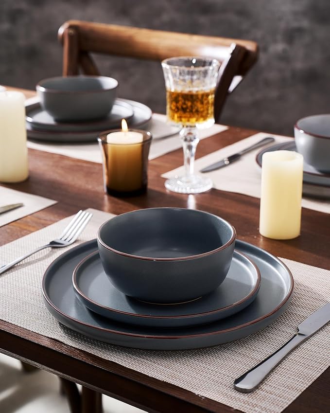 Famiware Mercury 12-Piece Stoneware Dinnerware Set, Warm Hand-Painted Rims - Image 3